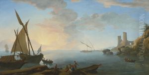 Southern Mediterranean Seascape With Boats And Figures At Sunset