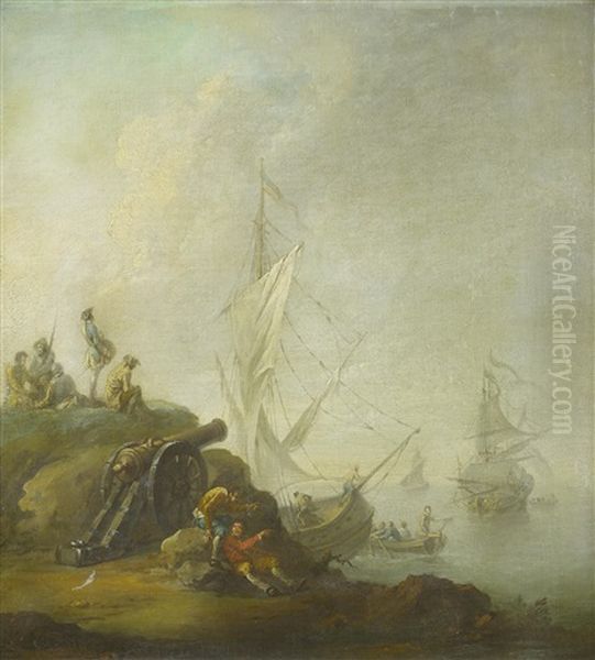 A Rocky Coast With Soldiers Beside A Canon With Shipping Beyond - view 1