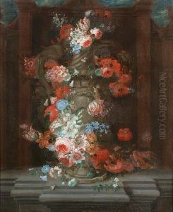 Roses, Chrysanthemums, Poppies, Morning Glory, Tulips And Other Flowers In A Stone Vase In An Architectural Niche