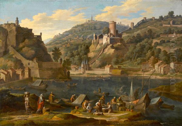 A Harbor With Figures On A Quay And A Hill Town Beyond - view 1