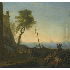 A Coastal Scene By A Harbour With A Boat And Figures In The Foreground by Adrien Manglard