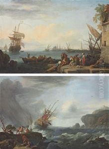 A Mediterranean Harbour With Sailors Loading A Boat, A Genoese Man-of-war (+ A British Man-of-war In Rough Seas; Pair) by Adrien Manglard