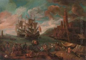 A Mediterranian Coastal Scene With Figures Disembarking From A Ship And A Town Beyond