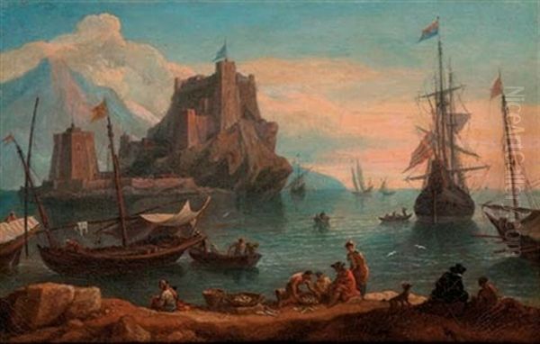 A Mediterranean Port With Fisherfolk In The Foregound, A Dutch Man-o'-war Beyond - view 1
