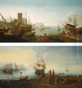 A Mediterranean Port Scene With Figures Unloading A Boat On A Quay, Ships At Anchor Beyond; (+ A Mediterranean Harbour Scene With Merchants Resting By Their Wares, A Ship Firing A Salute Beyond; Pair)
