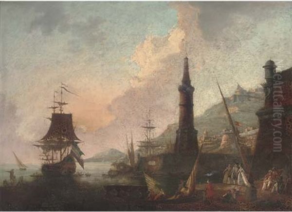 A Mediterranean Harbour With Elegant Company And Merchants By A Lighthouse, Shipping Beyond - view 1