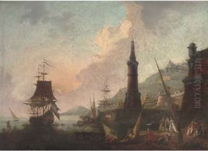 A Mediterranean Harbour With Elegant Company And Merchants By A Lighthouse, Shipping Beyond by Adrien Manglard