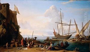 Mediterranean Harbour Scene With Merchants Selling Their Wares On The Quay by Adrien Manglard