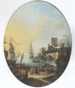 A Medittaranean Harbour With Elegant Figures And Stevedores On A Quay, Moored Shipping Beyond