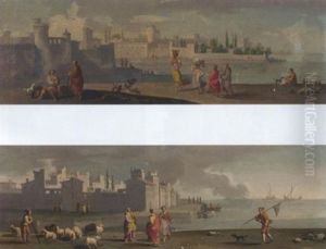 A Shepherd And His Flock, A Woman And A Fisherman On The Shore, A City Beyond by Adrien Manglard