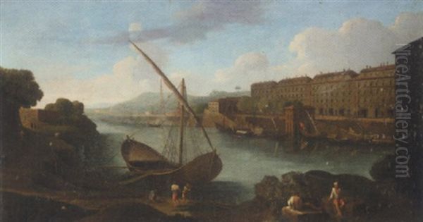 A Mediterranean Harbour Scene, With Figures Before A Barque - view 1