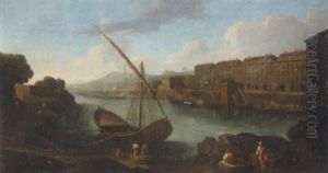 A Mediterranean Harbour Scene, With Figures Before A Barque