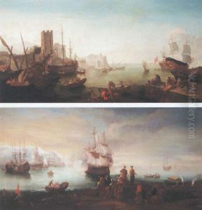 A Mediterranean Harbour Scene With Merchants Resting By Their Wares, A Ship Firing A Salute Beyond