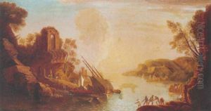 A Mediterranean Coastal Inlet With Fishermen And Boats by Adrien Manglard