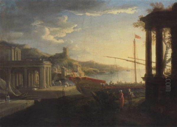 A Mediterranean Harbour With Figures Amongst Classical Ruins - view 1