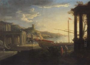 A Mediterranean Harbour With Figures Amongst Classical Ruins by Adrien Manglard