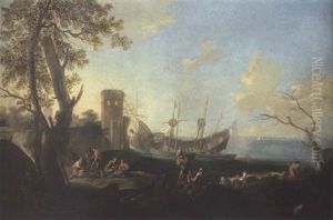 A Mediterranean Harbour With A Shipwreck, Peasants And Their Livestock In The Foreground by Adrien Manglard