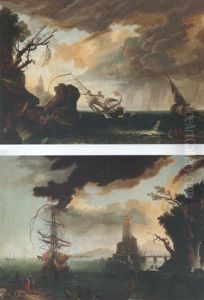 Stormy Seas With A Shipwreck Off A Rocky Coast