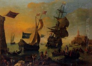 L'arrivee D'un Navire Hollandais Dans Un Port Mediterraneen by Adrien Manglard