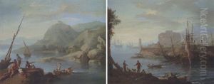 An Estuary With Fisherfolk On A Cliff by Adrien Manglard