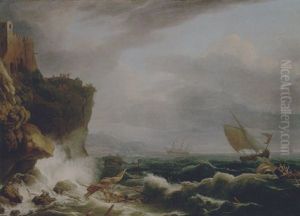 A Stormy Landscape With A Shipwreck Off A Rocky Coast