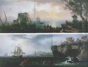 Marinaa Con Fontana Barocca, Intrattenimento Di Paesani E Unmolo Che Conduce Ad Una Construzione Marinaa Con Fontana Barocca, Intrattenimento Di Paesani E Unmolo Che Conduce Ad Una Construzione