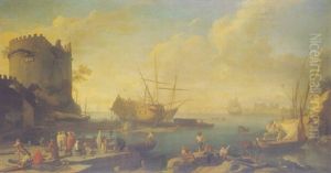 A Mediterranean Harbor Scene With Sailors And Other Figures On The Docks, Near A Ruined Fortress