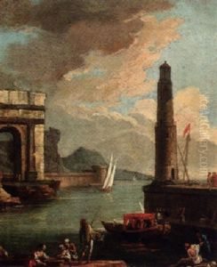 A Mediterranean Harbour With Peasants On The Shore With A Launch By A Quayside And A Tower Beyond