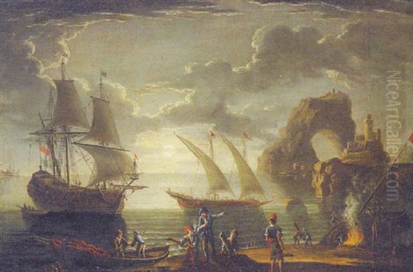 A Moonlit Coastal Landscape With Fisherfolk On The Shore - view 1