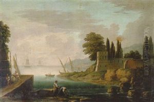 Puerto Mediterraneo En El Crepusculo Con Mujeres Lavando Y Pescadores Con Su Pesca Puerto Mediterraneo En El Crepusculo Con Mujeres Lavando Y Pescadores Con Su Pesca