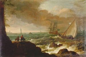 Comerciante Y Un Guardacostas En Una Costa Rocosa Con Tempestad, Un Faro En Ruinas Y Figuras De Viajeros by Adrien Manglard