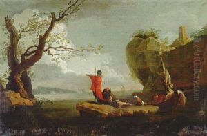 Paisaje Costero Mediterraneo Con Soldados Sobre Una Roca Y Un Barco, Otro Barco En La Lejania by Adrien Manglard