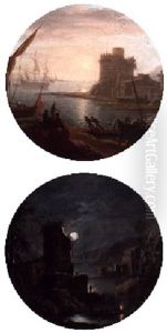 A Harbour Scene At Sunset With Figures Mooring A Boat by Adrien Manglard