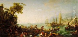 Figures On An Estuary With A Ship Careened In The Background