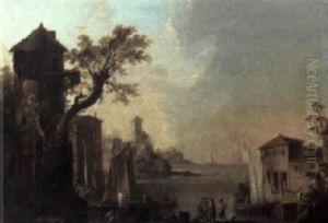 Italianate Harbor Scene With Figures by Adrien Manglard