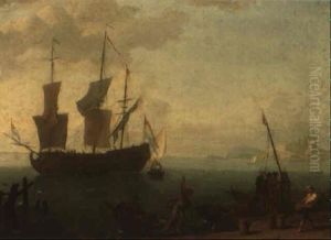 Harbour Setting With Figures Disembarking From A Ship