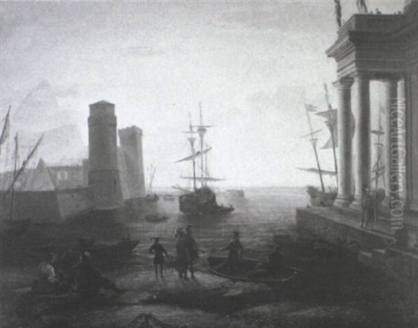 Capriccio Of A Southern Port At Sunset With Ships And Figures - view 1