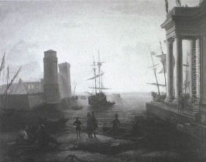 Capriccio Of A Southern Port At Sunset With Ships And Figures by Adrien Manglard