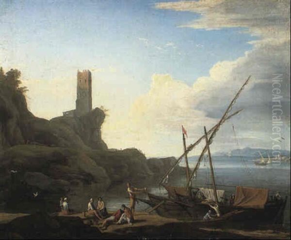Mediterranean Coastline With Fishermen Resting By Their Boats - view 1