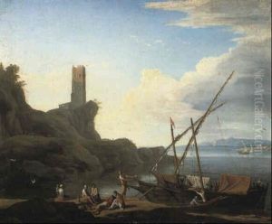 Mediterranean Coastline With Fishermen Resting By Their Boats by Adrien Manglard