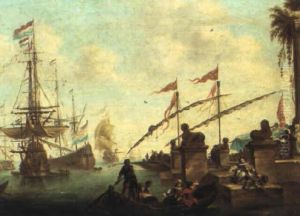 Capriccio Of A Mediterranean Harbour With Shipping by Adrien Manglard