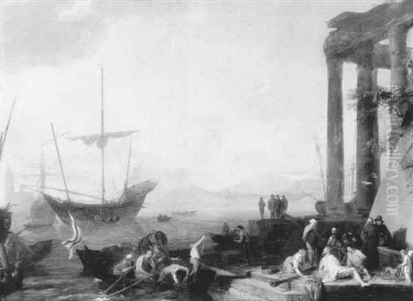 Capriccio Of A Southern Port With Ships And Figures Off- Loading A Small Boat, Other Figures On The Shore... - view 1