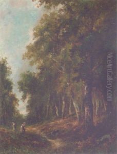 Peasants Gathering Faggots In A Wooded Landscape by Burkhard Mangold