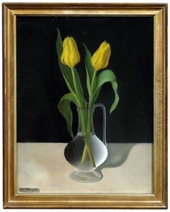 Stilleben Mit Zwei Gelben Tulpen In Einer Glasvase Vor Dunklem Hintergrund