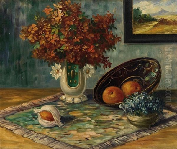 Blumenstillleben Mit Obstschale Und Gemalde - view 1