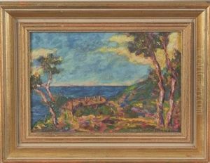 Sunset By The Coast Overlooking Trees And House by Henri Charles Manguin