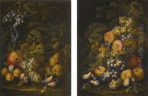 Still Lifes Of Grapes, Pears And Peaches On A Forest Floor by Carlo Manieri