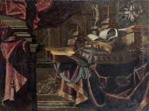 A Guitar And Violin With A Dish Of Plums On A Draped Table by Carlo Manieri