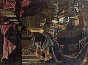 A Guitar And Violin With A Dish Of Plums On A Draped Table Before A Curtain, A View To A Palace Courtyard Beyond by Carlo Manieri