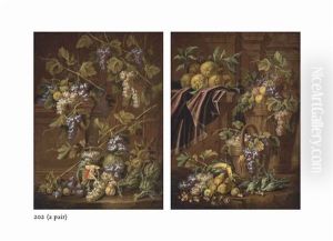 Grapes, Peaches And Figs In A Wooden Vessel And A Basket, With Lemons On...; Grapes And Figs On A Pediment Cornice, With Grapes, Melons, Figs... (pair) by Carlo Manieri